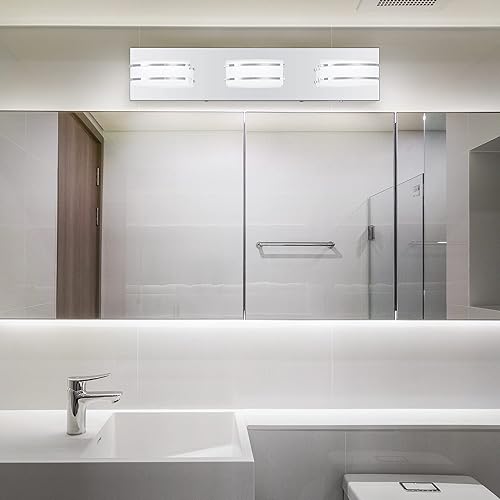 Miniatura 9 de Lámparas de baño regulables de 3 colores con temperatura sobre el espejo, luces LED cromadas de 3 luces, lámparas de tocador ovaladas de acero