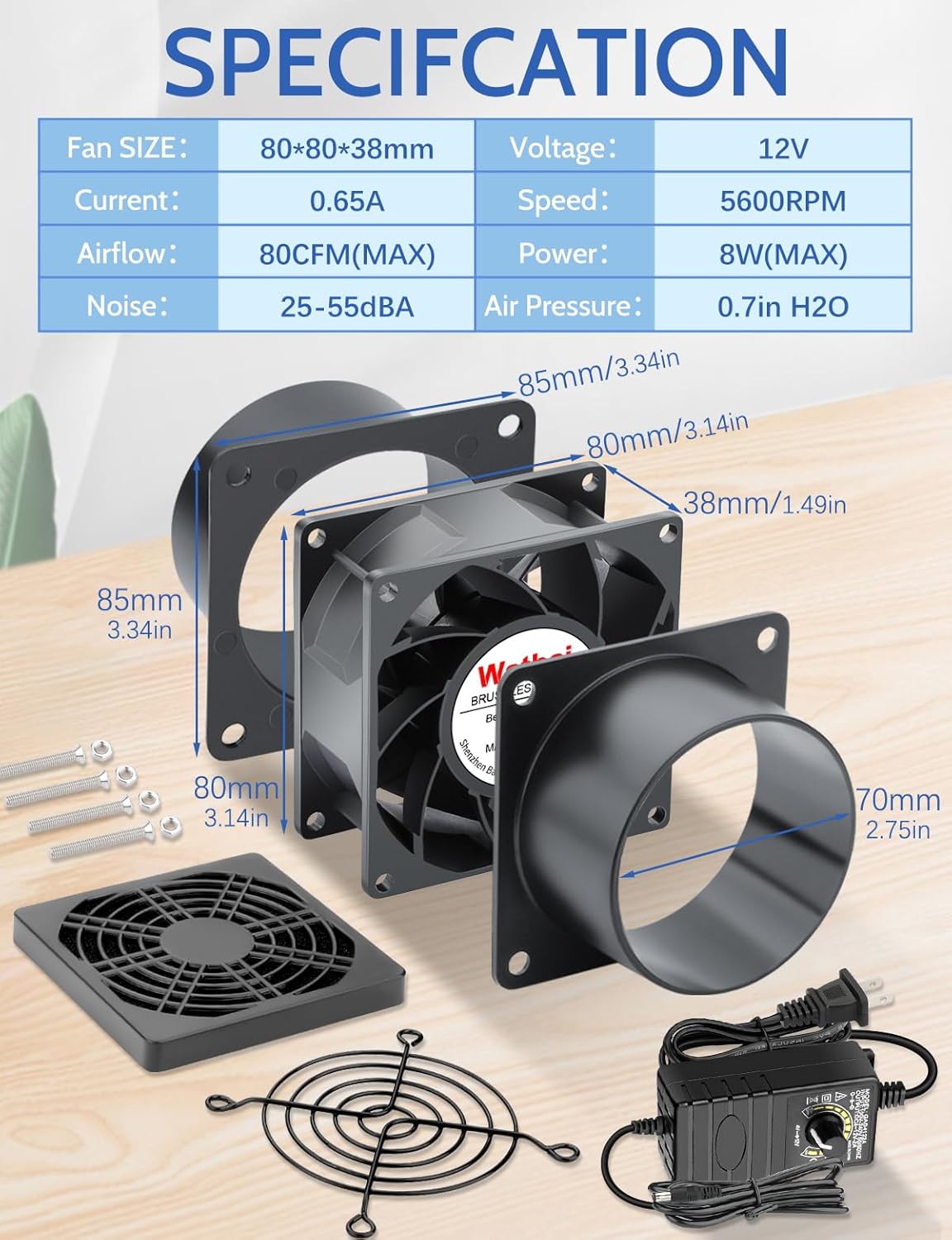 Wathai 80mm Small 12V DC Axial Exhaust Fan with AC Adapter, 3 Inch Duct Fan for Fume Extractor, Soldering Smoke, 3D Printer Enclosure, Laser Engraver Dual Ball High Airflow