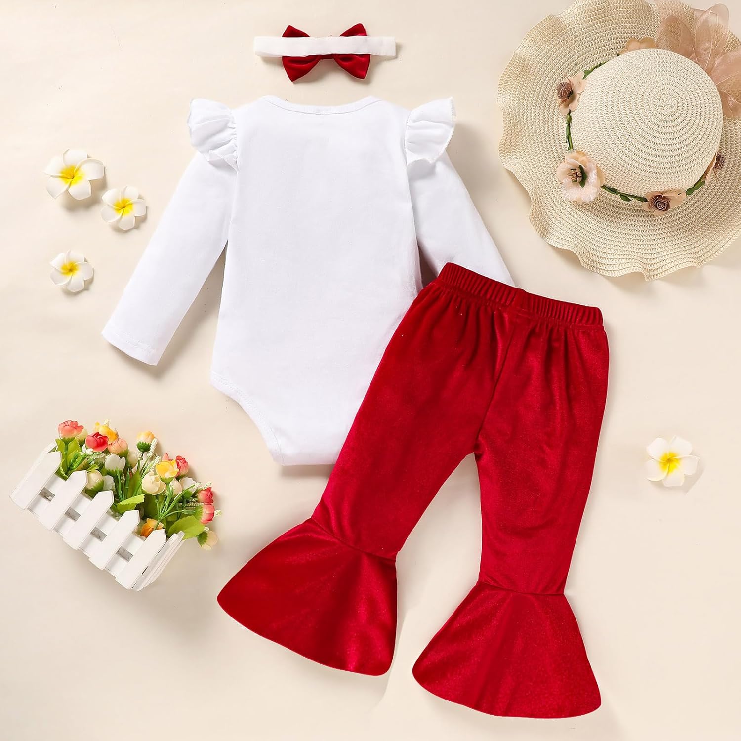 Viworld Baby Girl Birthday Clothes Snowflake First One Romper+Velvet Flared Pants-Hairband 3Pcs Cake Smash Outfits - Image 3