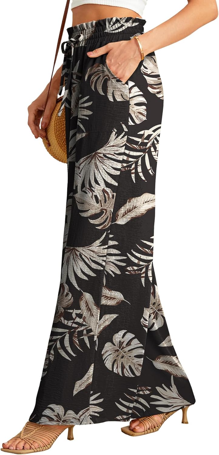 JINKESI Women Wide Leg Pants High Waist Loose Flowy Adjustable Tie Knot Trousers Business Casual Pants with Pockets 29-black Palm Leaf Medium image 5 of 5 B0DBPHLNFR