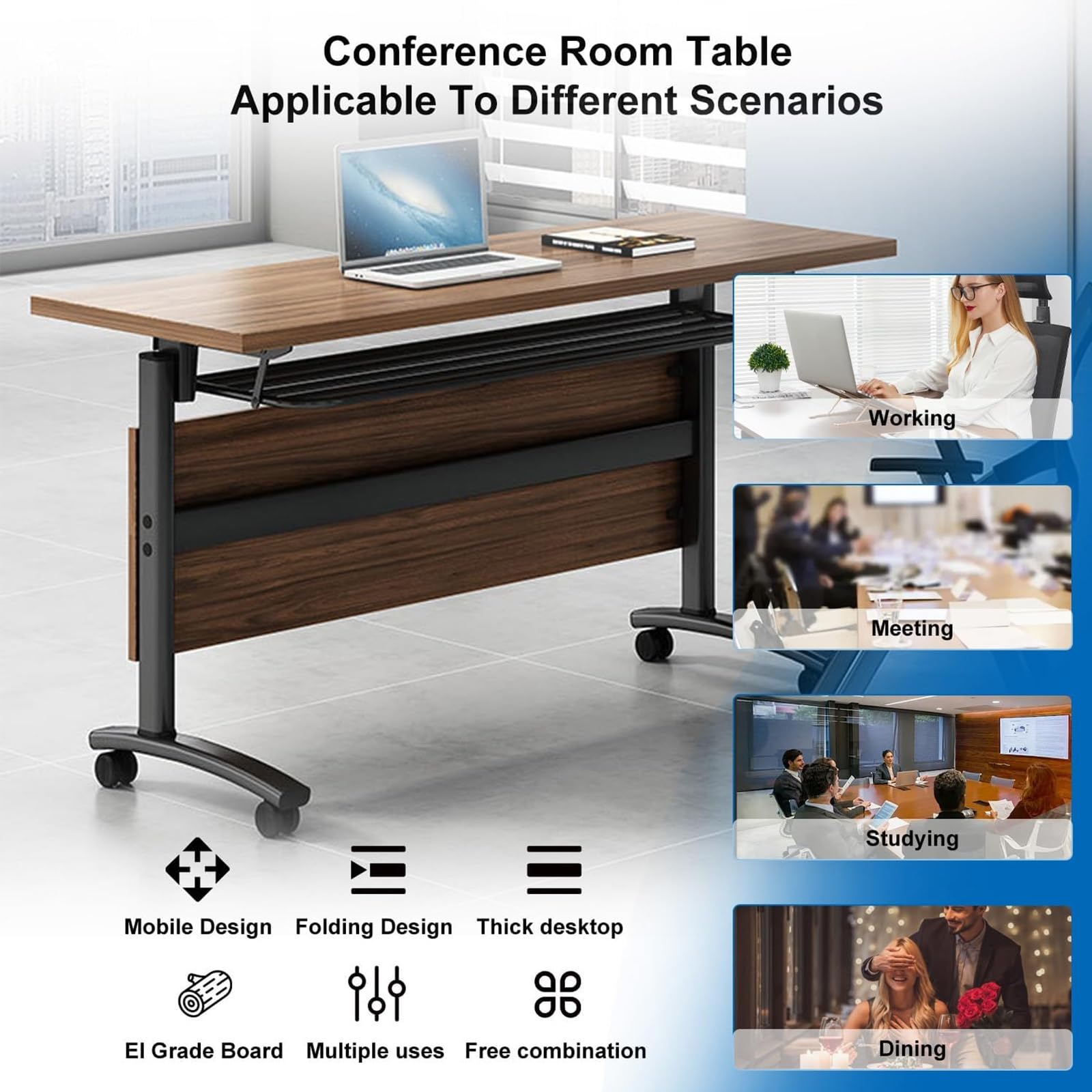 3-teiliges, klappbares Konferenztisch-Set mit leisen Rollen, modulares Design für Büro/Klassenzimmer/Schulung, platzsparende Aufbewahrung, Beige, 120 x 60 x 75 cm