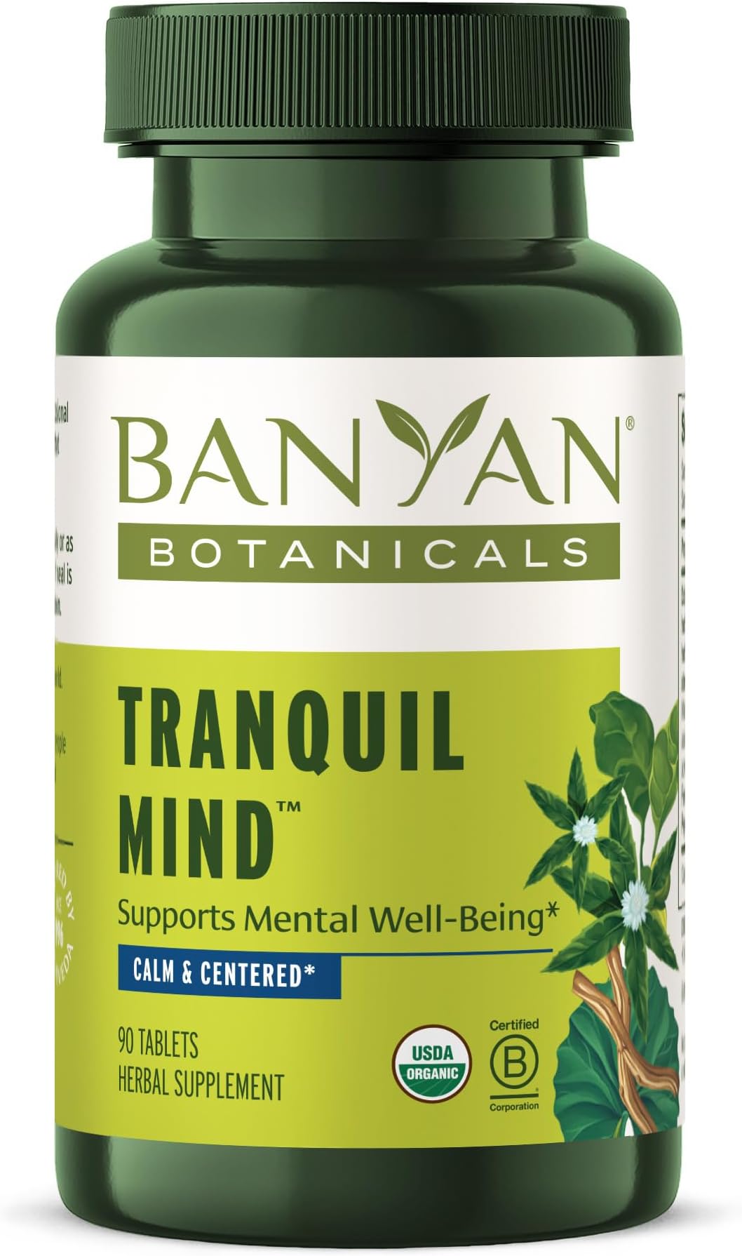 Banyan Botanicals Organic Tranquil Mind – Nervous System Support & Physical Relaxation Supplement – with Skullcap, Passionflower & Gotu Kola – Non-Drowsy Systemic Grounding – 90 Tablets – USDA Organic
