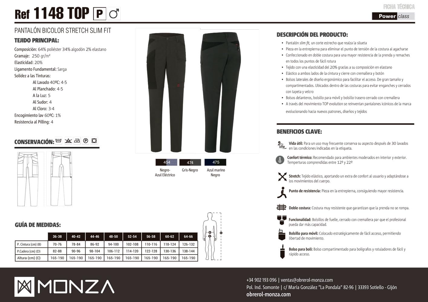 Pantalón de Trabajo Stretch Slim Fit Hombre Monza – Bicolor Multibolsillos con Tejido Elástico para Industria, Construcción y Mantenimiento, Color Gris, Talla 48-50