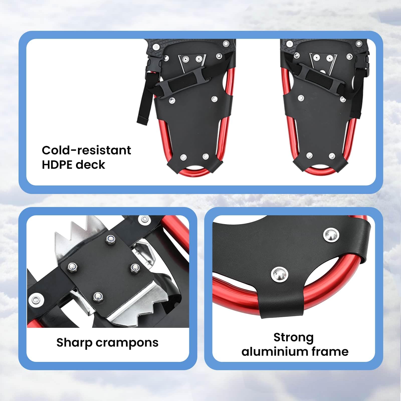 vidaXL Ciaspole 3 in 1 Rosso e Nero 63 x 21 cm Alluminio e HDPE, Ciaspole in alluminio per il giardino, attrezzatura outdoor regolabile, accessori moderni per camminare sulla neve