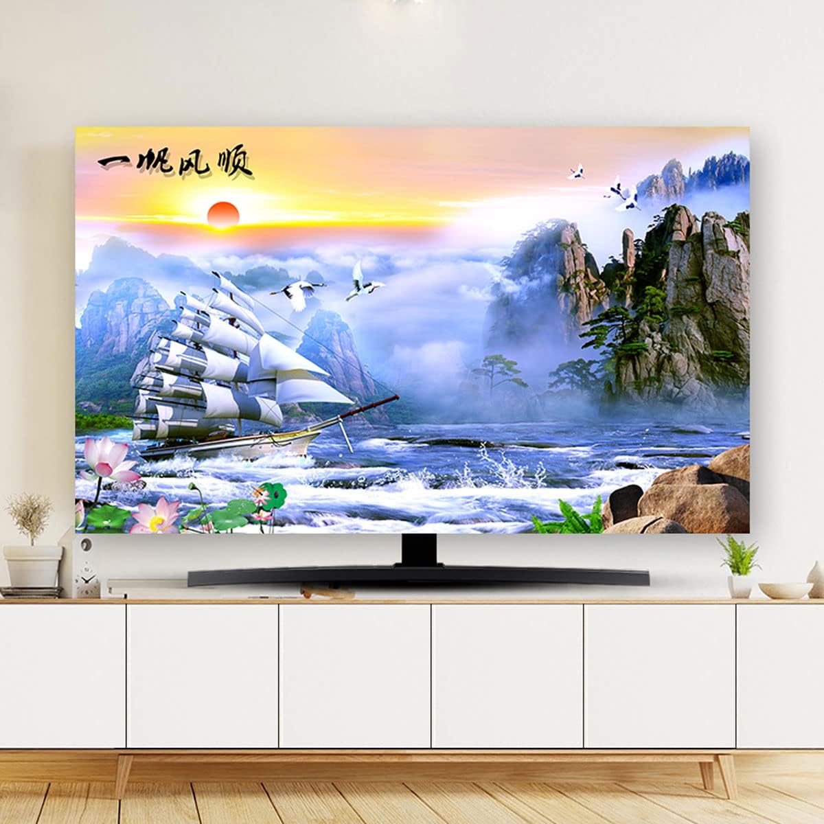 Chinese Landscape Painting Waterproof Dust Cover TV Cloth/computer Cover Desktop/Wall Hanging/curved Screen/cover, Living Room/Home Decoration Environmental Protection (Size:85IN(195x115cm),Color:A)