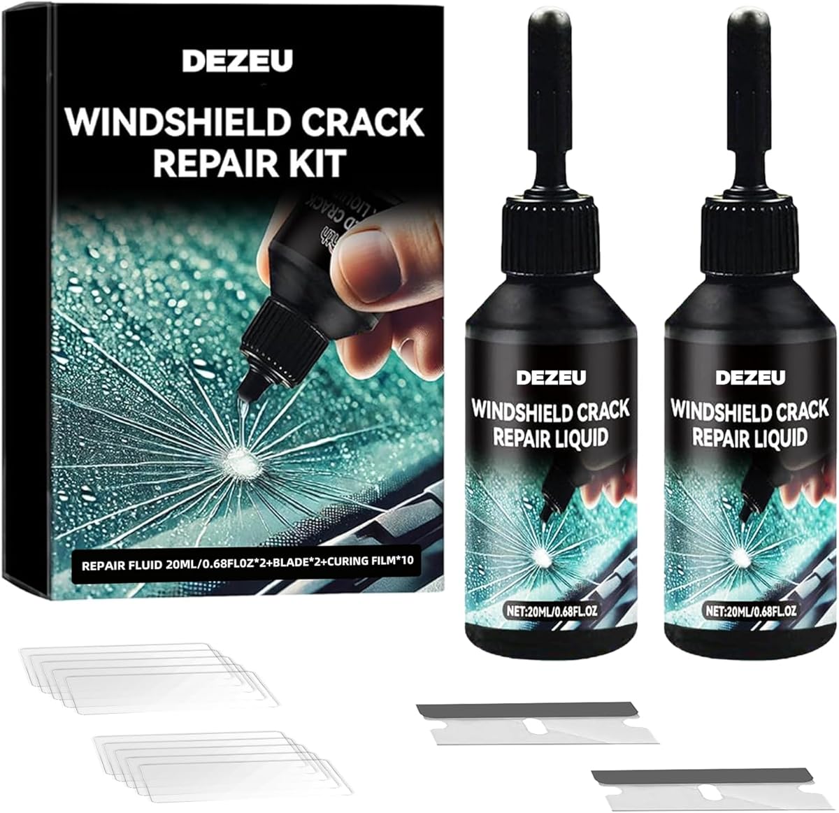 DEZEU 2026 Windshield Crack Repair Kit,Upgraded 2 Bottles Glass Crack Repair Kit,5MinQuick-Glass Repair Liquid,Long-Lasting for Windshields, Windows, Mirrors,All Crack Types (Shiny Black).