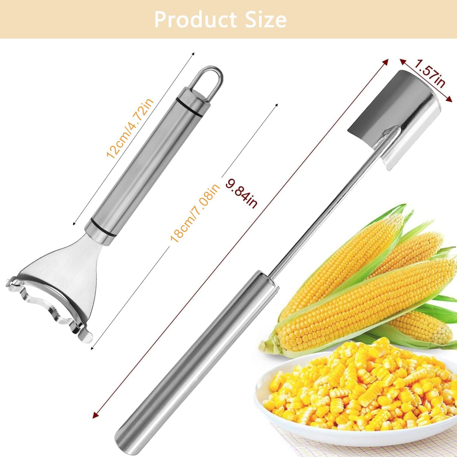 Juego de 2 peladores de maíz con mango largo y corto, herramientas de acero inoxidable para maíz crudo y cocido, utensilios de cocina duraderos para uso doméstico, barbacoa y restaurante 6