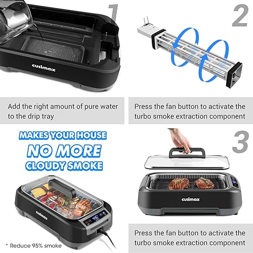 Miniatura 6 de CUSIMAX Parrilla de interior sin humo, parrilla eléctrica de 1500 W con pantalla inteligente LED y tapa de vidrio templado, placa de parrilla