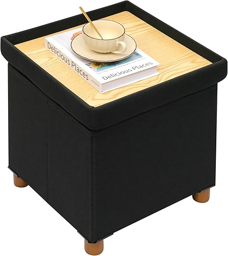 PINPLUS Cubo otomano de almacenamiento, reposapiés de lino blanco con patas de madera, reposapiés de tela plegable, asiento cómodo con tapa, otomana