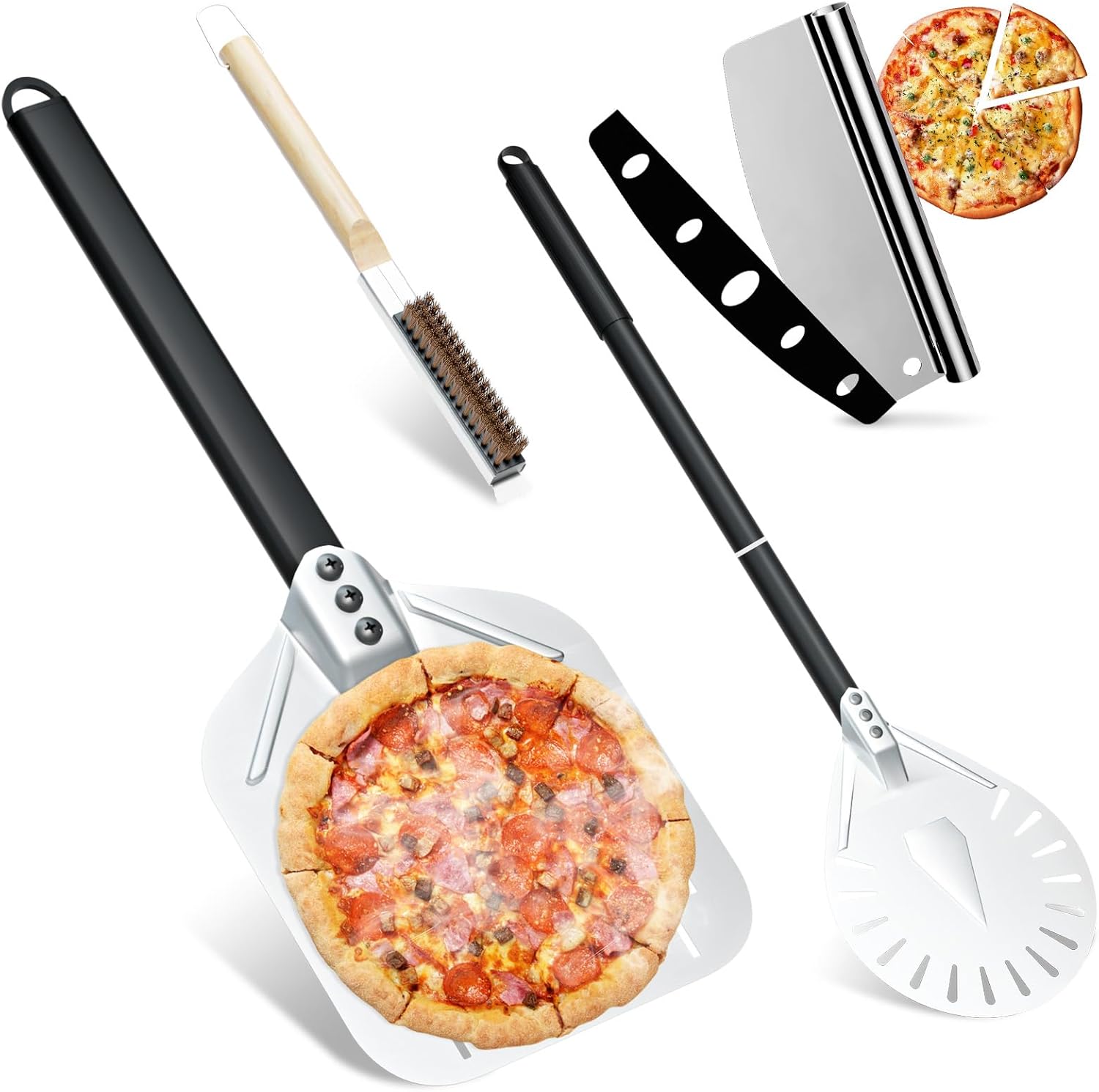 4-Piece Pizza Oven Accessories Kit, Includes 12 Inch Perforated Pizza Peel, 9 Inch Round Pizza Turning Peel, Oven Brush with Scraper and Rocker Cutter, Pizza Spatula Paddle Set for Home Pizza Making