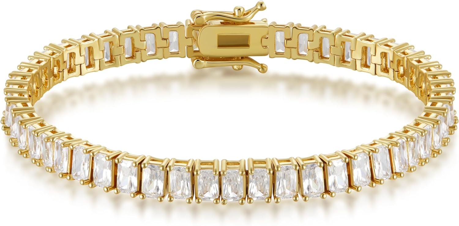 14K Gold-Plated Faceted Zirconia Classic Tennis Bracelet | Women's Gold Bracelet | 5mm CZ Bracelet, Size 6.5-7.3 Inches | Adjustable Jewelry
