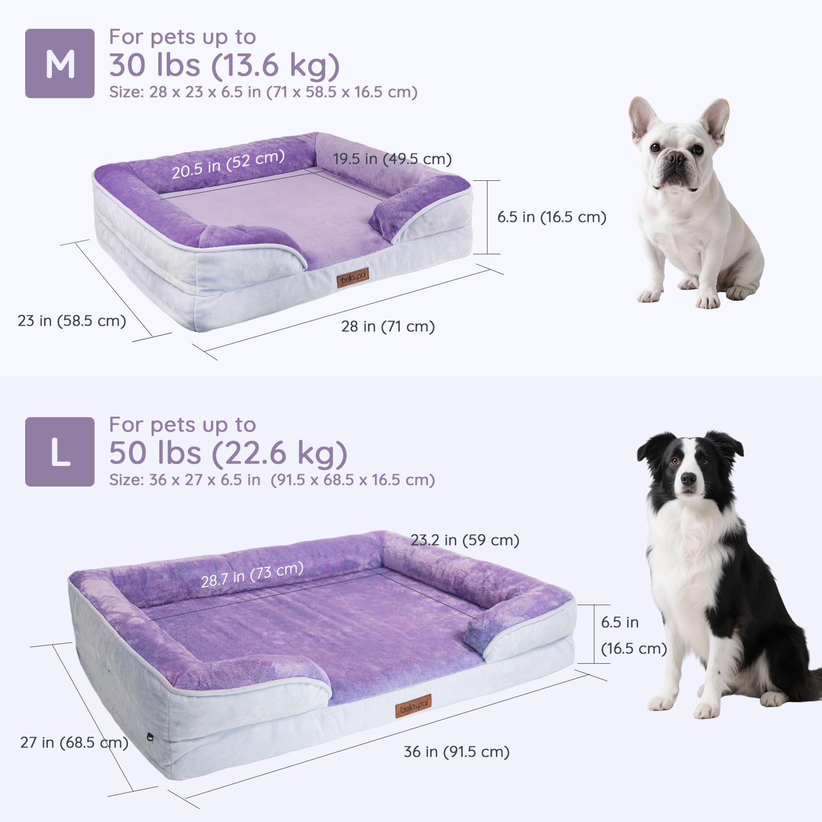 BELLA & PAL Sofá Perro Ortopédica, Cama para Perros Medianos/Grandes-Sin Montaje, Colchón Perro, Espuma Huevo | Forro Impermeable | Funda Desenfundable de Franela | Base Antideslizante, Violeta, L