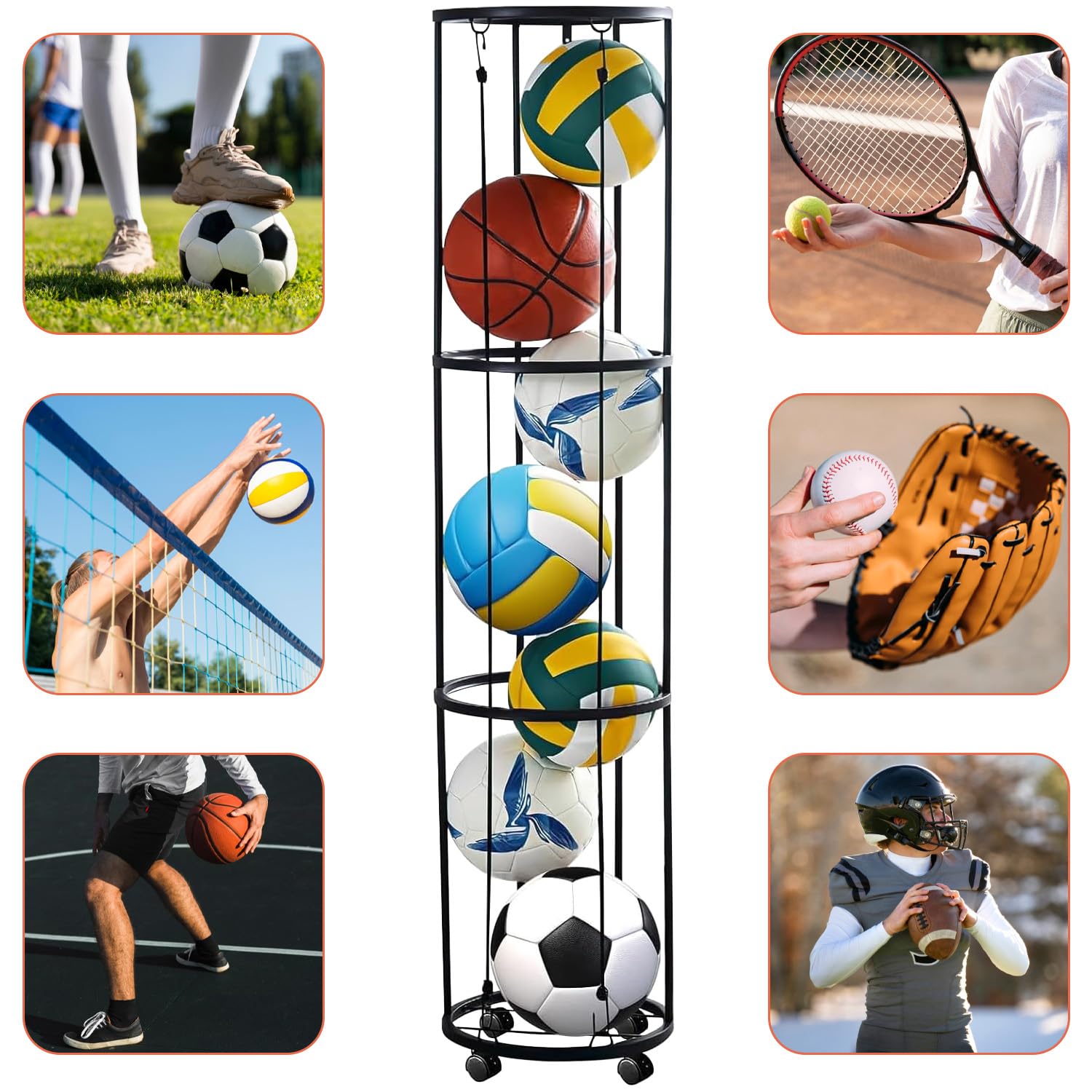 Vertikales Ballständer, Ballständer mit Rollen Ball Aufbewahrung Wandmontierter Ballaufbewahrungskäfig, Ballaufbewahrungsregal für Basketball, Fußball, Volleyball (3-Lagiges)