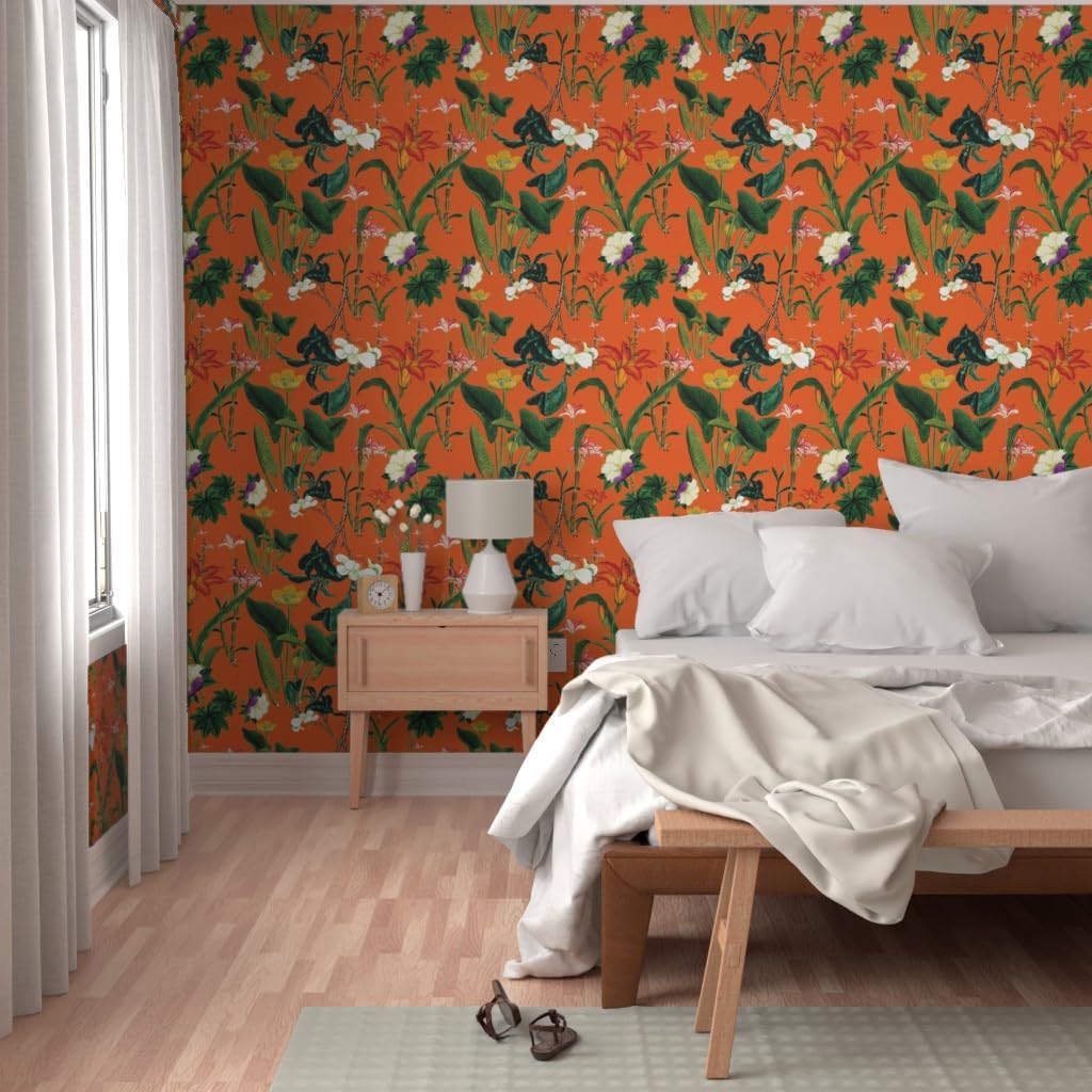 Removable Wallpaper 6ft x 2ft - Vintage Style Botanical Floral Bright Orange Green Flowers Custom Pre-Pasted Wallpaper by Spoonflower