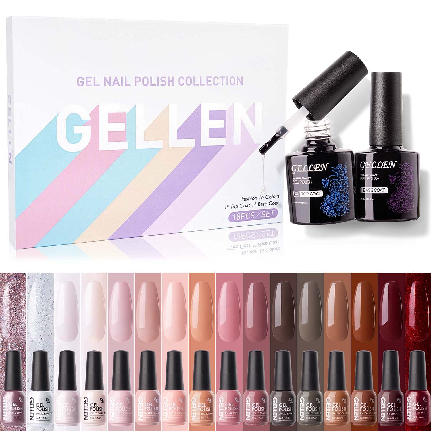 Gellen 16 Colors Gel Nail Polish Set With Top Base Coat - Pink Red Nudes Makeup Colors Collection for All Season, Popular Solid Sparkle Glitters Nail Art Colors Home Gel Manicure Kit