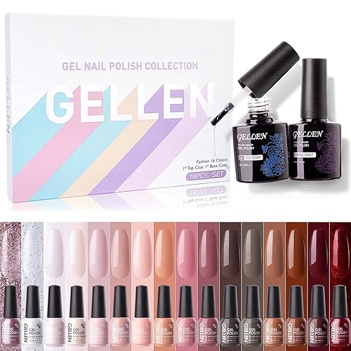 Gellen - Juego de esmalte para uñas de gel de 16 colores, con base y capa superior, esmalte de gel de colores clásicos de otoño, juego de regalo de