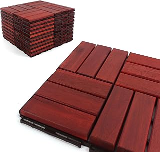 3rd Street Inn Acacia Wood Interlocking Deck Tiles - Outdoor Patio Flooring - 20 Pack (Clay Checkered Finish)