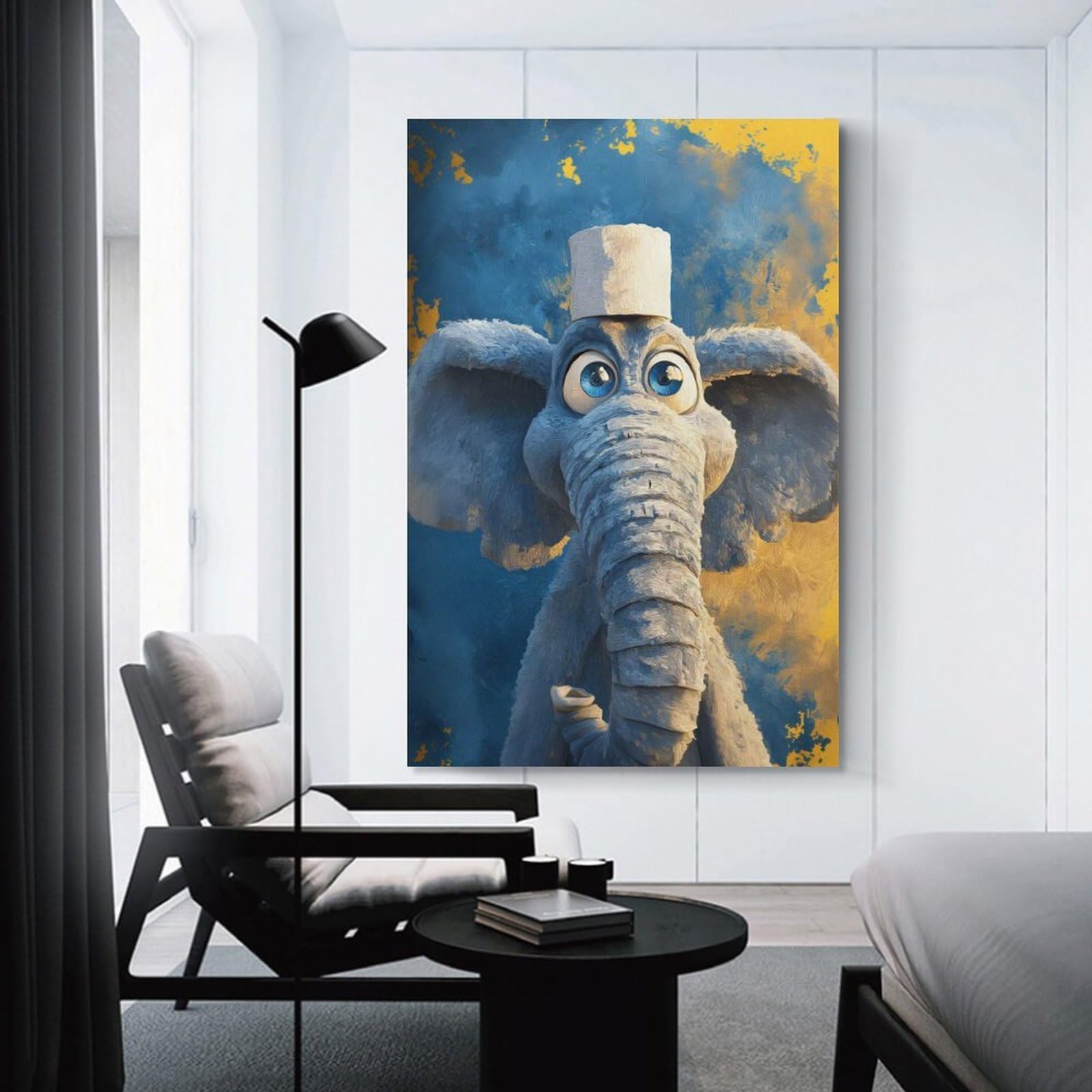 Junmoney Unframe-Style-1 Cartoon Elephant With Hat Wall Decor Canvas Print, 24X36inch(60X90cm), For Flats, Guest Rooms Or Compact Rooms, A Simple Refresh For Blank Walls