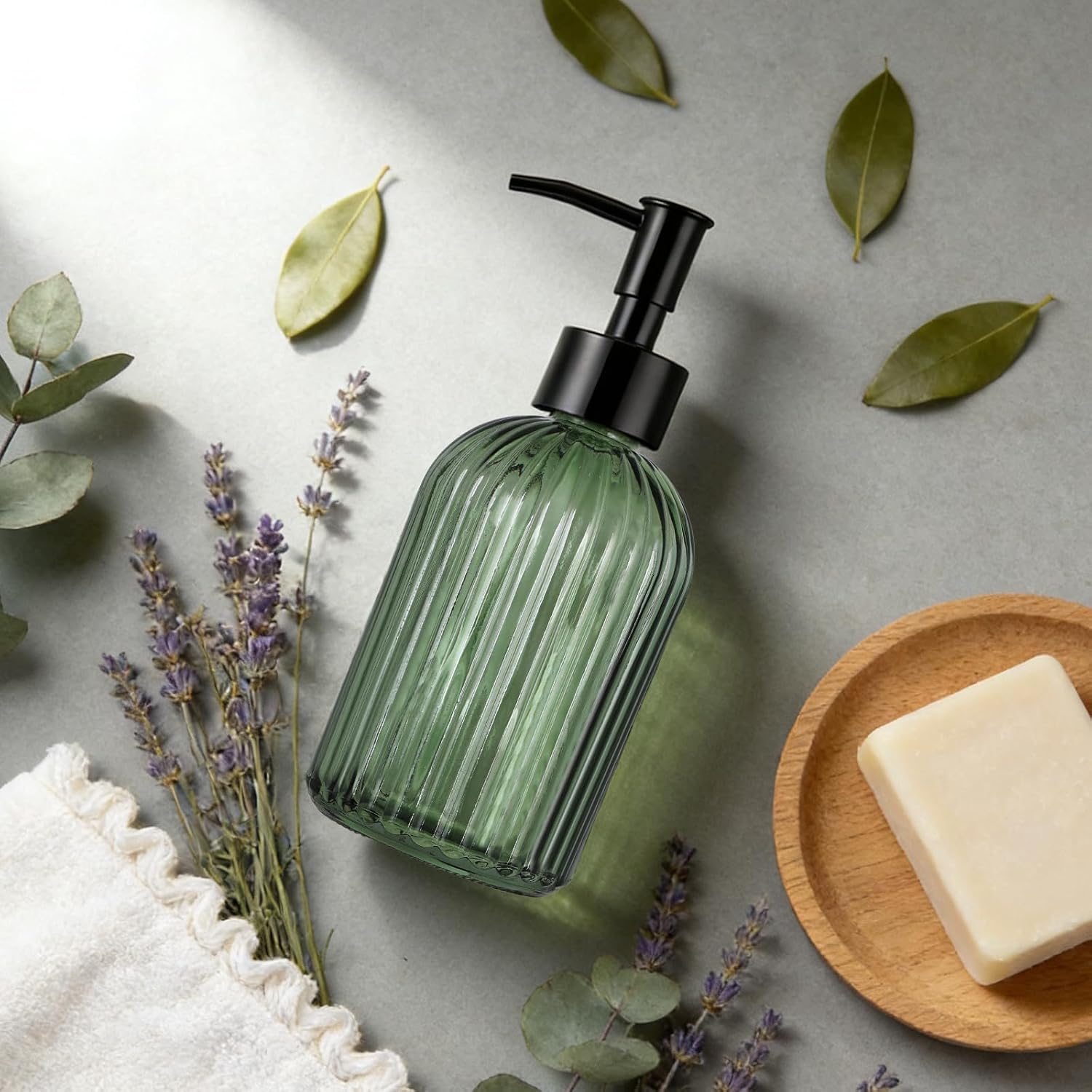 GeeRic 14 Oz Refillable Glass Soap Dispenser, Liquid Hand Soap Dispenser with Black Pump for Kitchen, Bathroom Body Wash Lotiuon Vertical Stripe Green