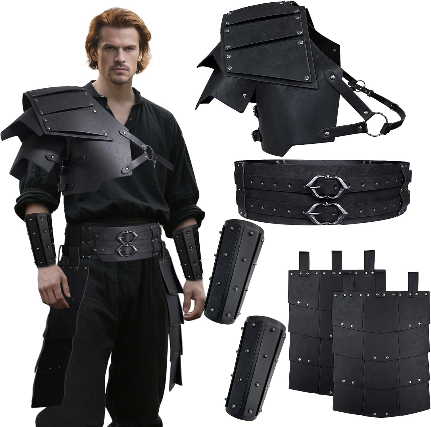 Men Leather Medieval Pauldron Armor Set, 8 Pcs Viking Knight Ren Faire Renaissance Cosplay Larp Shoulder Armor Set
