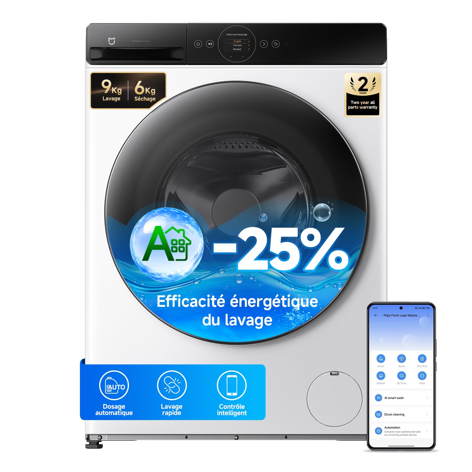 Xiaomi Mijia Lave-Linge séchant Hublot Pro 9 kg Lavage / 6 kg Séchage | Double dosage automatique, Lavage ultra-rapide, Soin vapeur, Contrôle intelligent, Blanc, Efficacité de lavage A-25 %