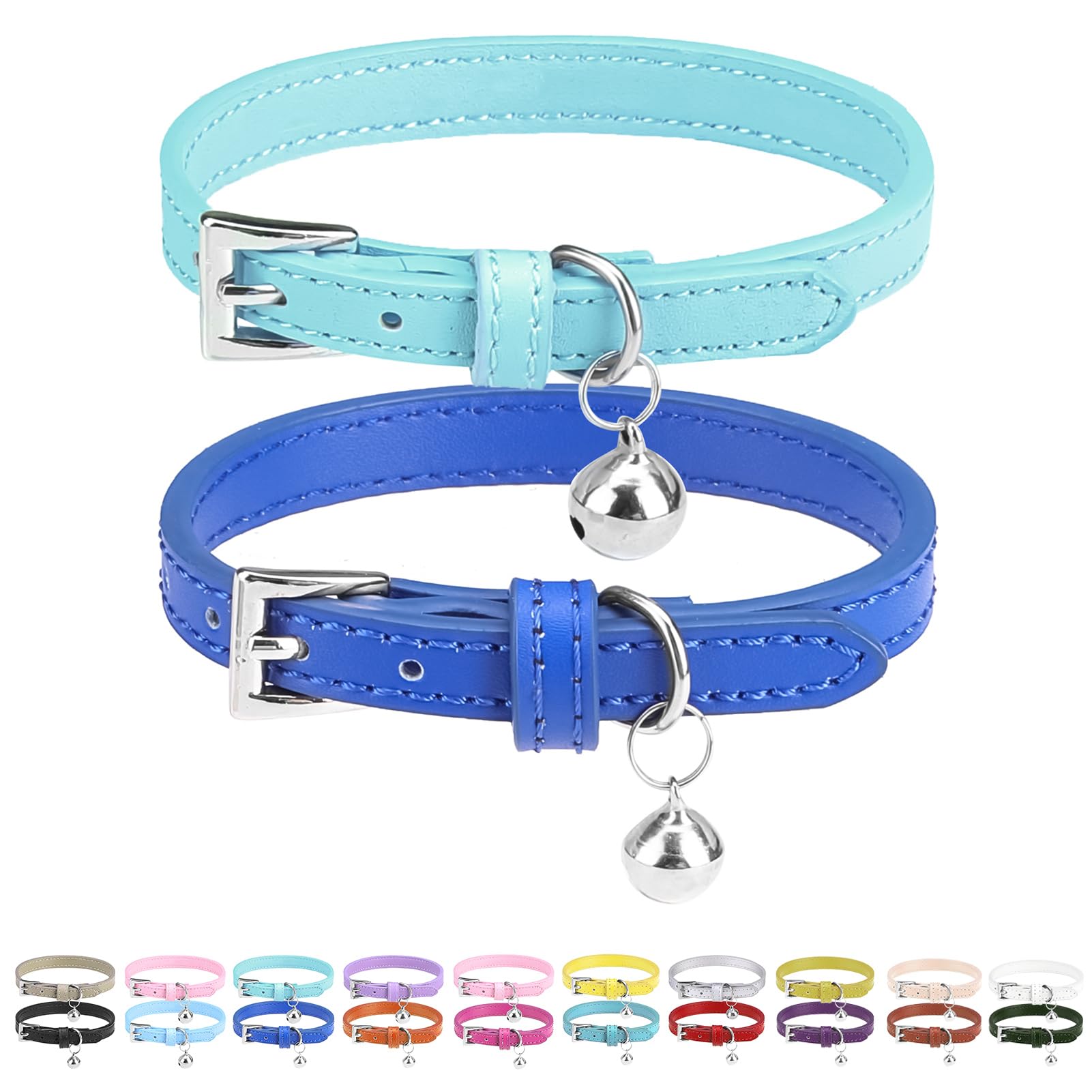 PUPTECK 2 PCS Soft Genuine Leather Cat Kitten Collar with Bells Adjustable for Girl Boy Cats Puppy - Pale Turquoise, Navy Blue