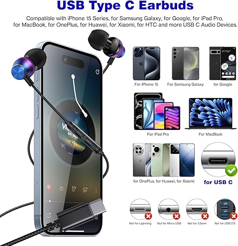 Miniatura 9 de Auriculares USB C COOYA USB tipo C auriculares con cable para Samsung Galaxy S24 Ultra S23 FE Flip5 A54 S22 S21 S20 HiFi Stereo Auriculares