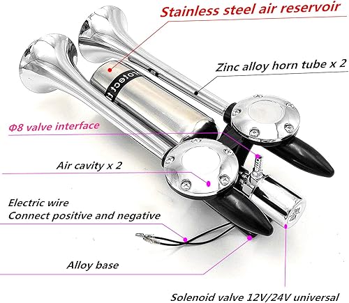Miniatura 2 de Bocina de barco para automóvil, prolonga el sonido, bocina de aire, bocina de doble tubo, bocina de metal súper fuerte con tanque de aire de acero