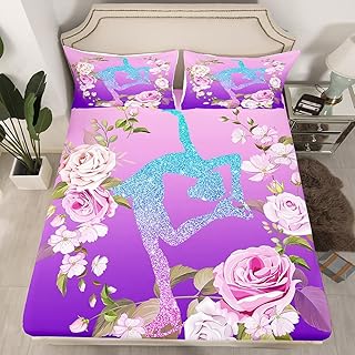 Homewish Gymnastics Fitted Sheet Full,Gymnastics Lovers Bedding Set 3pcs for Kids Teens Boys Girls Adult Room Decor,Floral Botanical Bed Cover Purple Glitter Bed Sheet Set with 2 Pillowcases