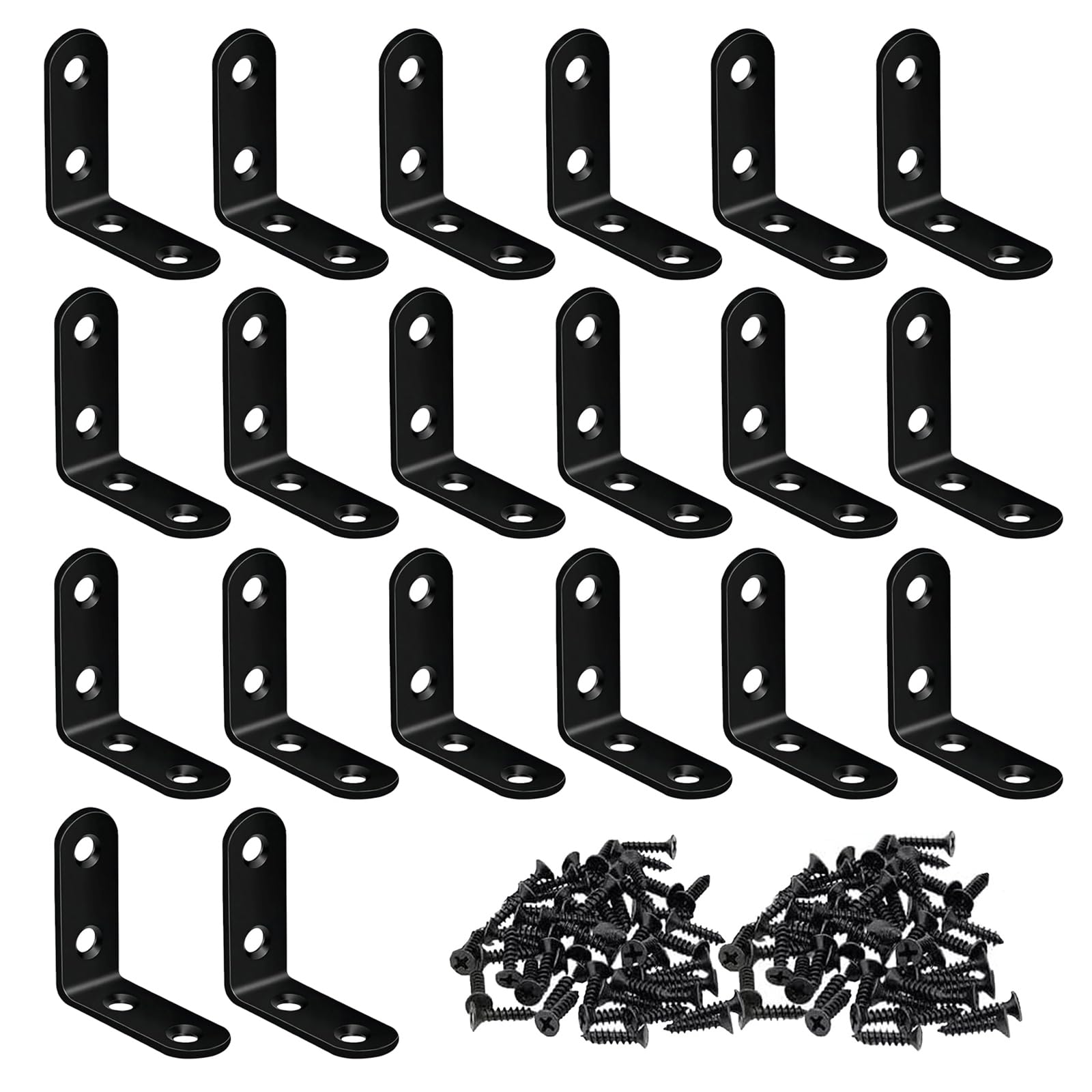Ldzzuo 20 Pcs Angle Brackets, 90 Degree L Brackets for Wood, Corner Brace with 80 Screws, Stainless Steel Shelf Bracket for Fixing and Repairing Furniture (Black, 40x40x16mm, 4 Holes)