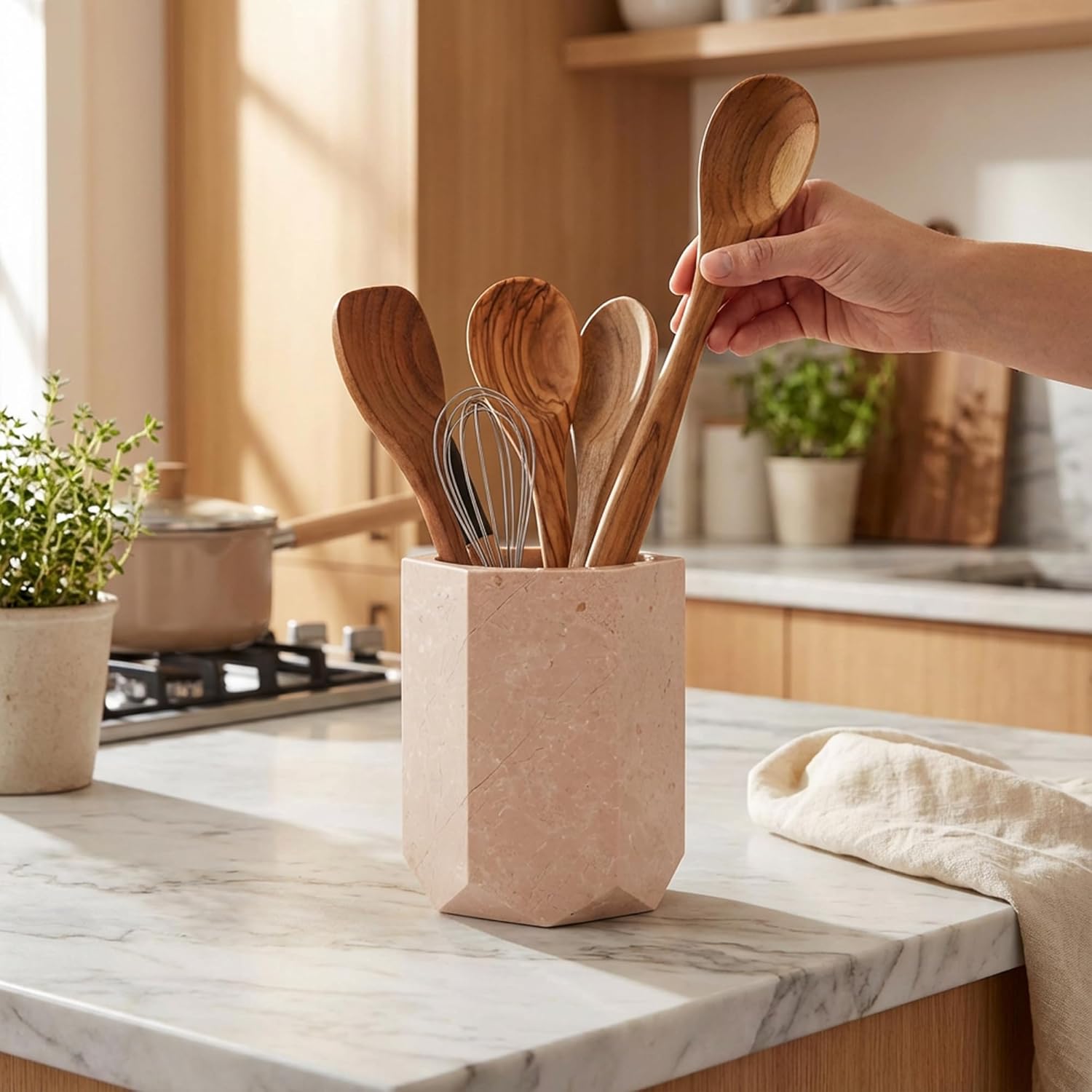Radicaln Marble Utensil Holder 6.5" Inches Verona Handmade Spoon Holder for Kitchen Counter, Ideal Kitchen Utensils Set Organizer For Farmhouse Kitchens Decor, Cooking Utensil & Spatula Set