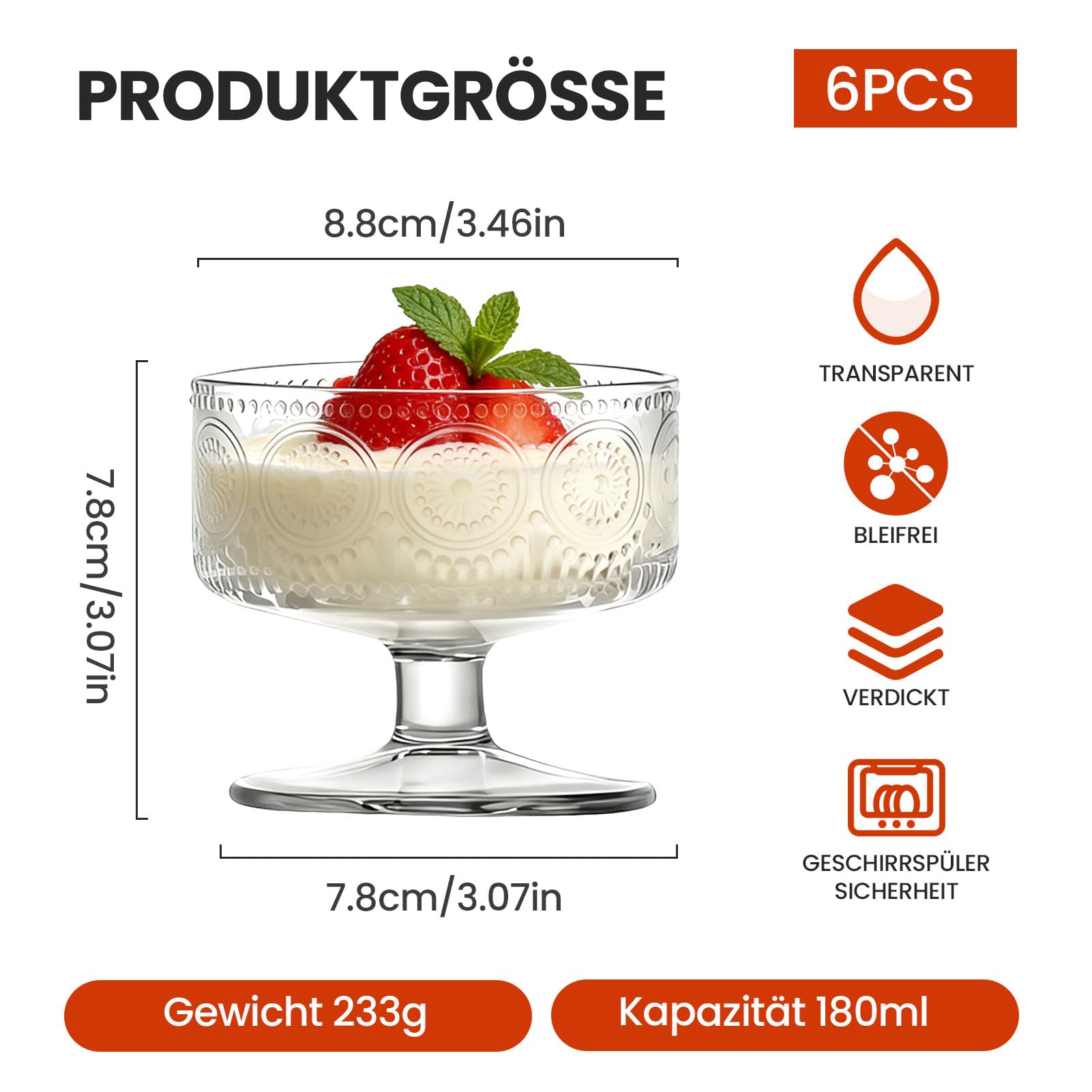6 ciotole da dessert in vetro, per gelato, gambo corto, girasole, gamberetti, bicchieri da cocktail, antipasti, macedonia, budino, ciotole da cocktail con piede (n. T1808)