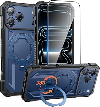 FNTCASE for iPhone 17 Pro Case [360 Spin Magnetic Ring Kickstand] [Compatible for MagSafe] [Screen Protector] Heavy Duty Military Grade Protection Protective Phone Case with Stand Blue