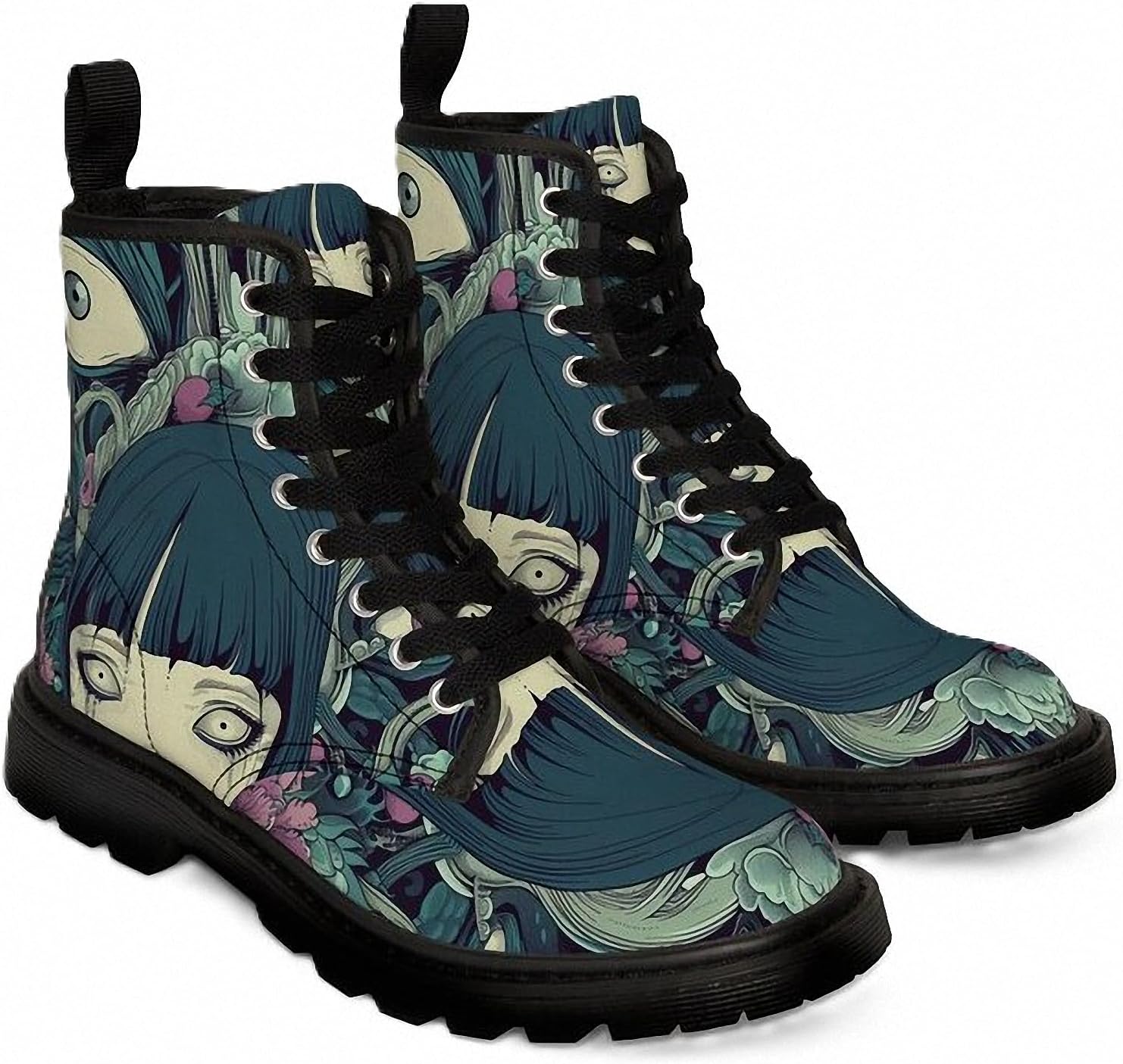 Women Printed Ankle Boots with Jellyfish Girl Skull Mushroom Ocean Natural Scenery Stylish Platform Lace-up Leather Combat Booties Casual Everyday Party Halloween Christmas