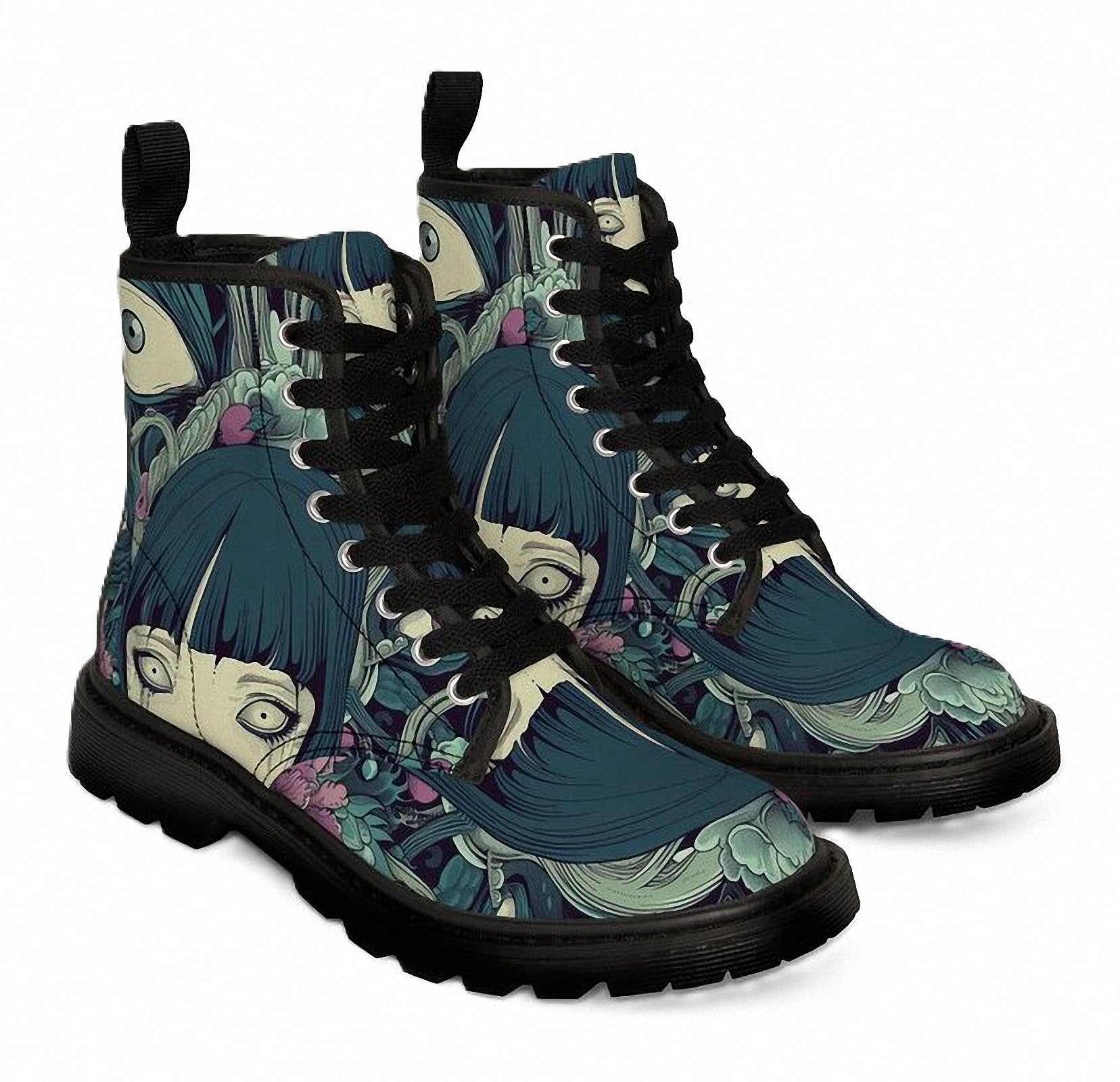 Women Printed Ankle Boots with Jellyfish Girl Skull Mushroom Ocean Natural Scenery Stylish Platform Lace-up Leather Combat Booties