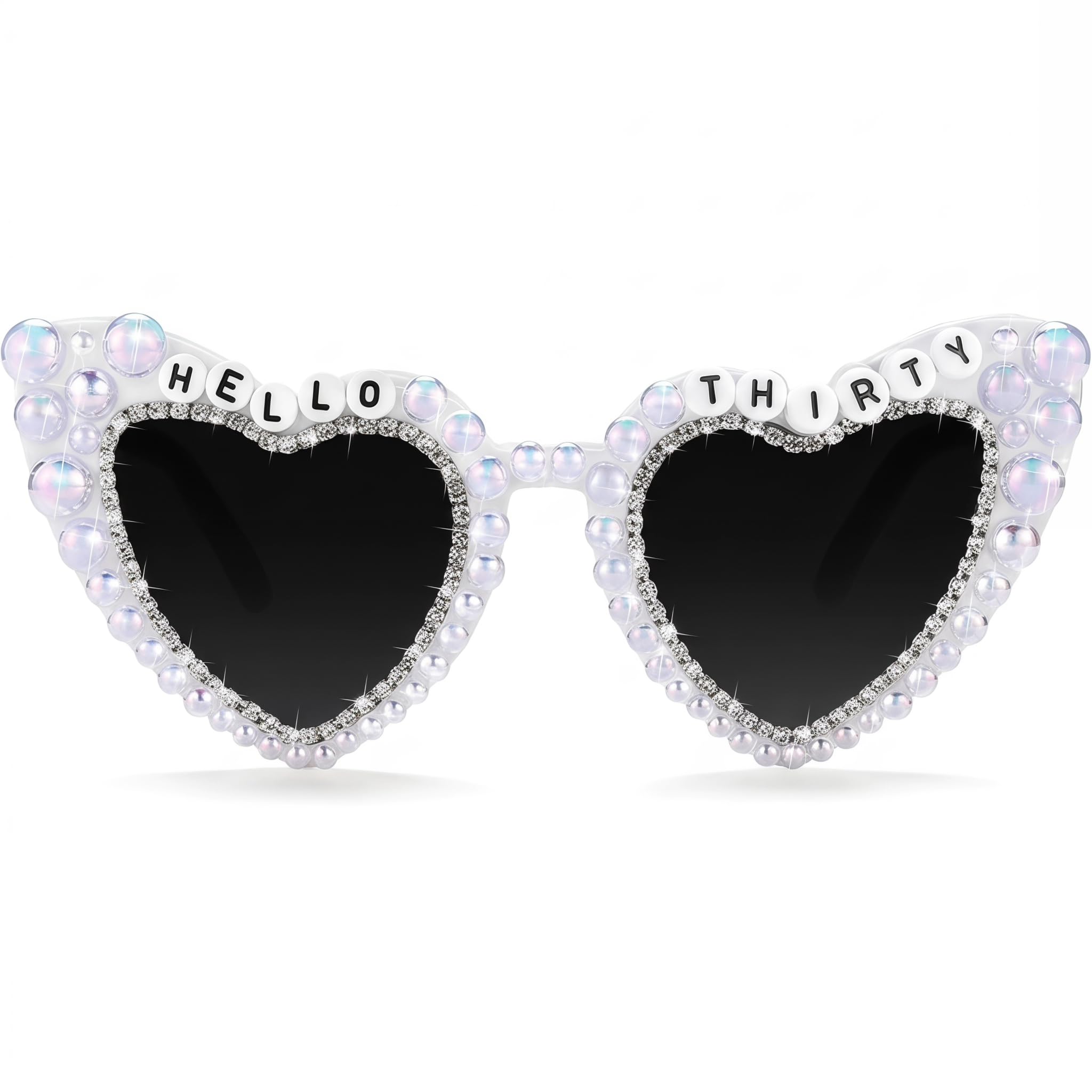 MYHOGOOD 30th Birthday Glasses, Heart Shaped Iridescent Pearl Sunglasses for Women, HELLO THIRTY Rhinestone Novelty Eyewear for Party Photo Props, Colourful Pearl Gift Glasses for Birthday