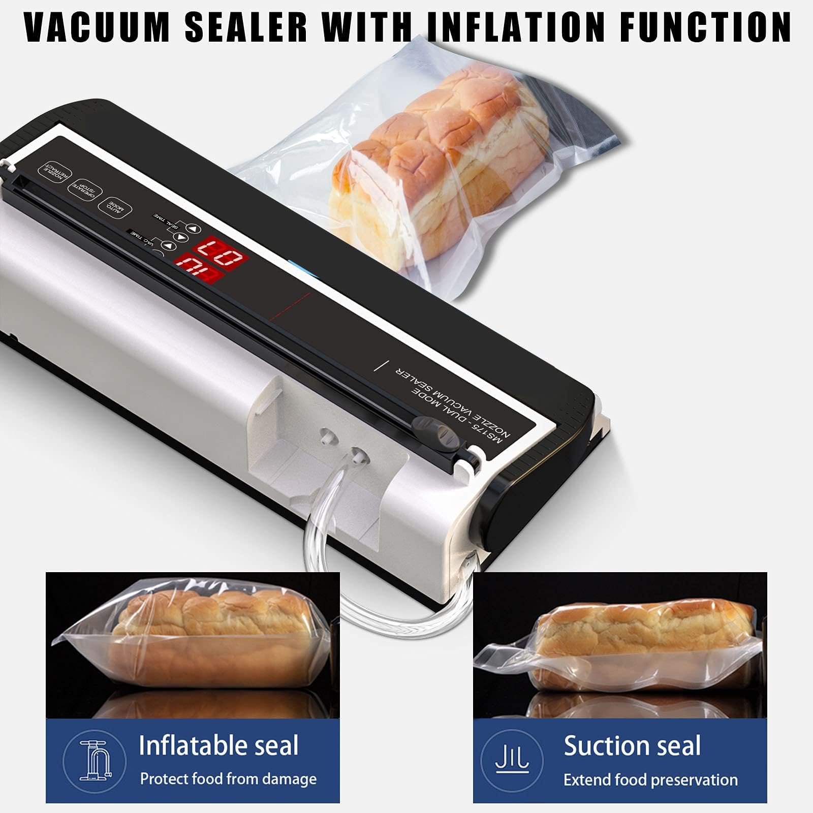 Máquina selladora al vacío comercial, sellado de alimentos secos y húmedos de 250 W | Soporte de bolsa suave, control de succión de 1 a 60 segundos, inflado de aire, barra de 8 mm y 9 paquetes incluidos