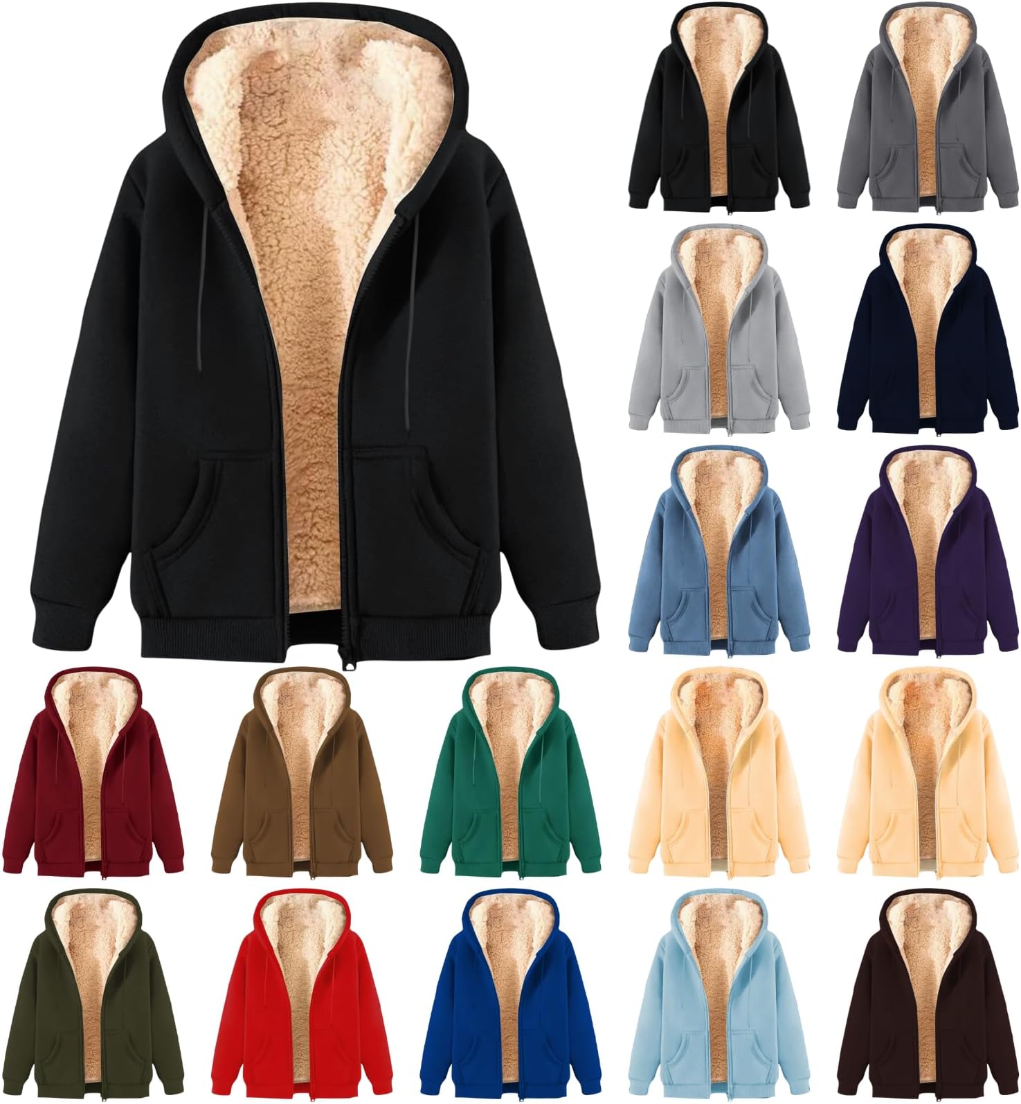 Mens Zip Up Hoodie Warm Fuzzy Fleece Lined Hooded Fall Winter Coat Casual Cozy Fleece Jacket with Pockets