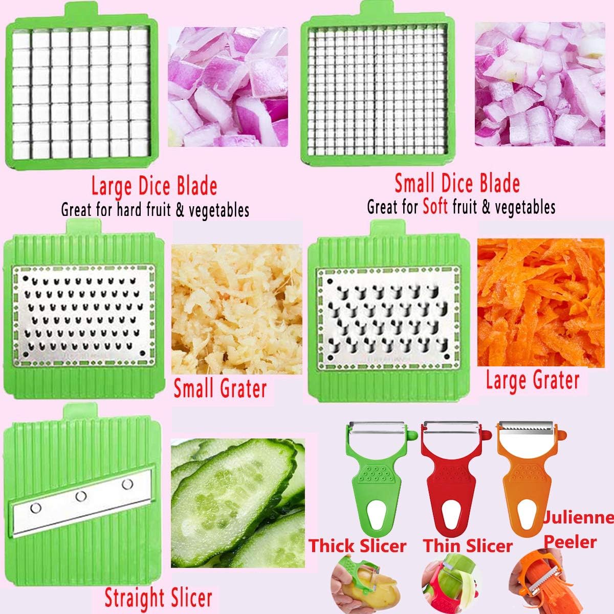 LHS Vegetable Chopper, Pro Onion Slicer Dicer Cutter Shredded- Cheese & Veggie Plus Peeler and Julienne with 8 Blades (Green)