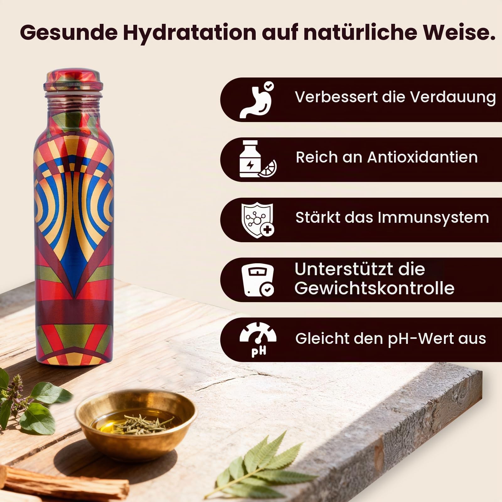 Craft Trade Trinkwasserflasche Kupfer Trinkflasche Rein Rot Flasche Wasserflasche mit Deckel und Tragetasche 34oz/1000 ml Auslaufsicheres Ayurveda Kupferflasche für Büro und Yoga- 2