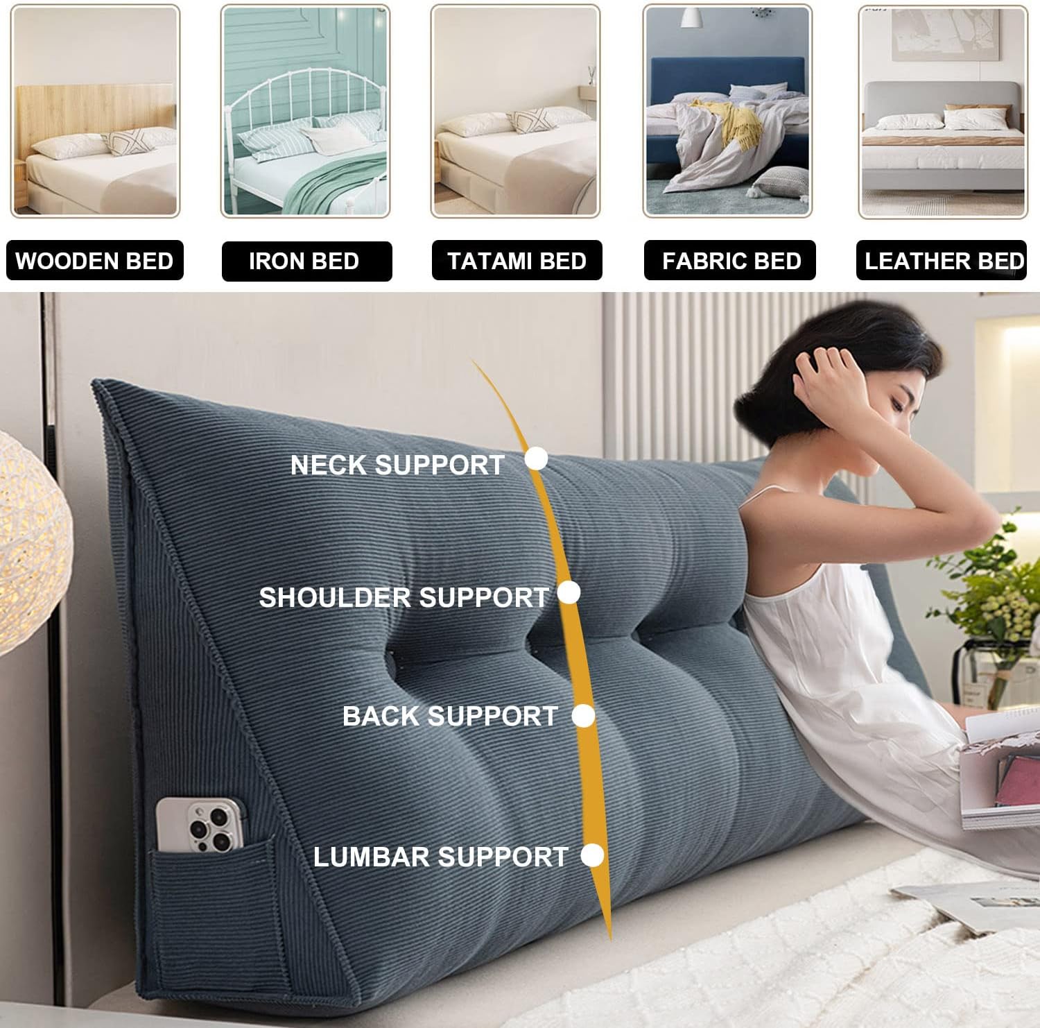 Large Triangular Headboard Cushion Wedge Reading Bed Rest Pillow Triangle Headboard Backrest Fleece Positioning Support Bolster for Dorm Room Daybed,Blue,39"/100cm(Twin)