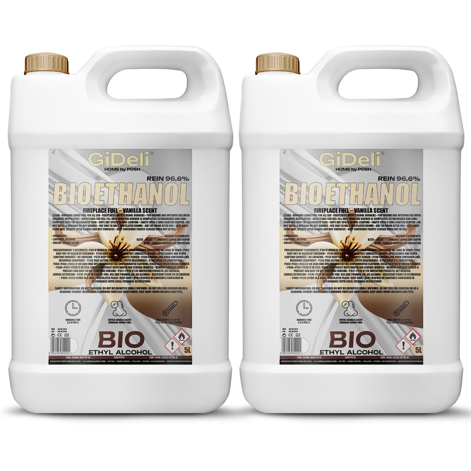 GiDeli Bioetanol 2 x 5 l de aroma a vainilla 96,6% etanol para chimeneas interiores y exteriores, sin humo ni hollín, de maíz y remolacha azucarera