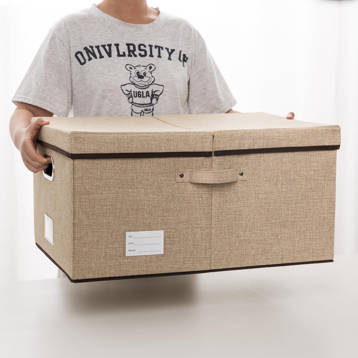 PRANDOM Grote opbergdozen met deksel,opbergdoos opvouwbare decoratieve,linnen stof organizer containers mand kubus met handgrepen,Kaki [3 stuks]58x40x30cm