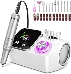 Fresa per Unghie Professionale 45000 giri,12 testine di levigatura,Display LCD touch control,Manopola in cristallo,Lima per unghie portatile per unghie in acrilico e gel (Bianco)