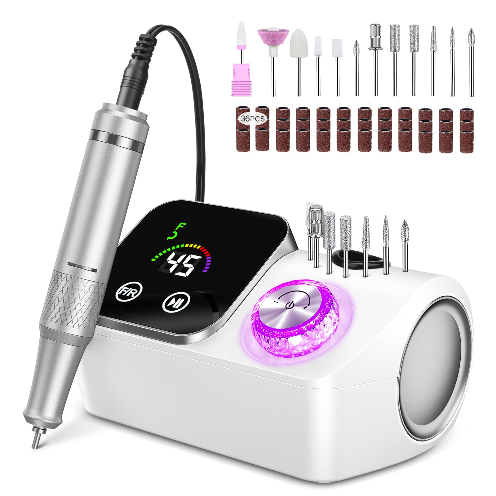 Fresa per Unghie Professionale 45000 giri,12 testine di levigatura,Display LCD touch control,Manopola in cristallo,Lima per unghie portatile per unghie in acrilico e gel (Bianco) - 1