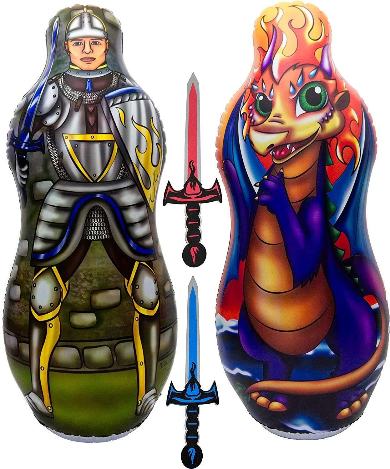 ImpiriLuxInflatable Punching Bag for Kids with Foam Sword Set | 48" Double Sided Bop Bag for Boys, Girls and Children | Knight & Dragon Theme Imaginative and Sports Toys