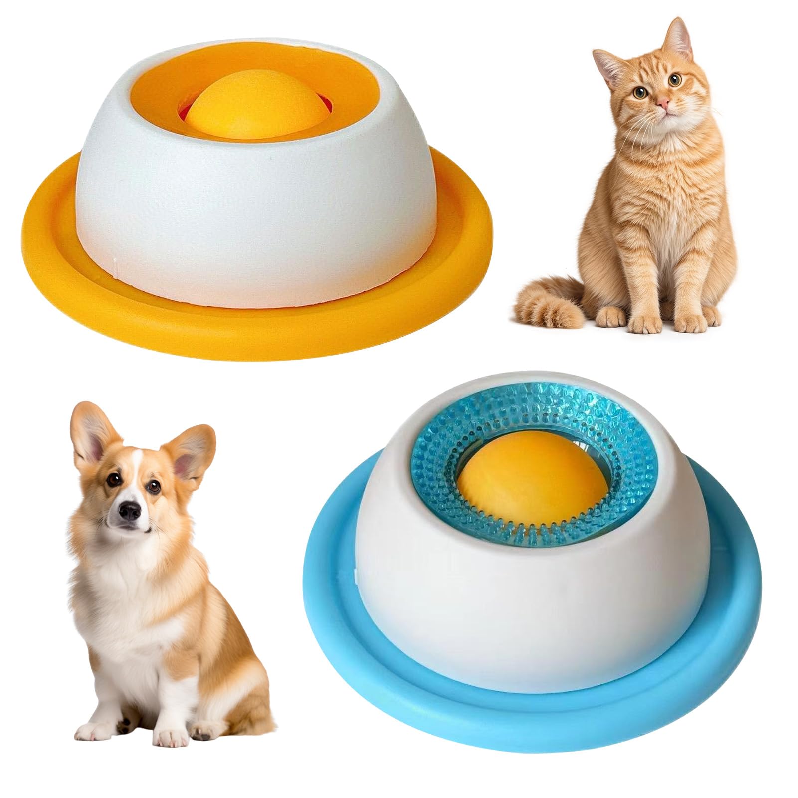 2 PCS Dog Lick Ball Large, Anti Slip Pet Lick Bowl PP Interactive Slow Feeder Licky Licky Ball for Dogs Enrichment Licking Sphere for Anxiety Relief(Blue, Yellow)