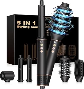 Atopskins 5 in 1 Hair Dryer Brush Blow Dryer, Ionic Hot Air Styler with Auto Curlers, Volumizer Brush & Straightener, Fast Drying Styling Tool for All Hair Types, Lightweight Travel Friendly (Black)