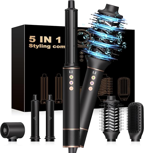 Atopskins 5 en 1 Séchoir à cheveux Brosse Sèche-cheveux, Ionique chaud Air Styler avec les curlers automatiques, brosse de volumizer & Straightener, outil de styling à séchage rapide pour tous les types de cheveux, léger voyage amical (noir)