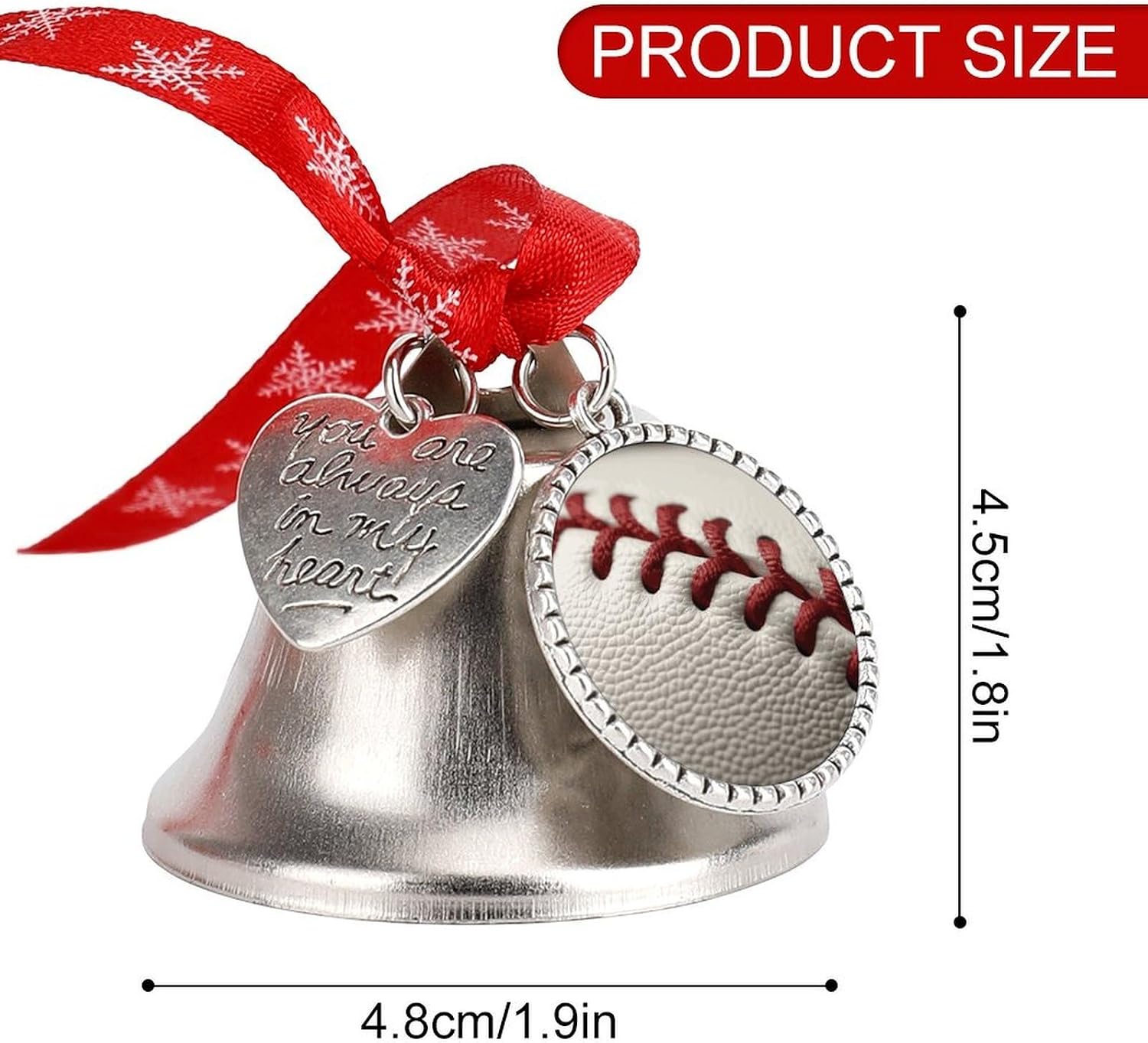 Baseball Lace Close Up Christmas Bells Ornaments with Wings & Heart Silver Bell Pendant for Christmas Tree Home Door Mantle Fireplace Decoration